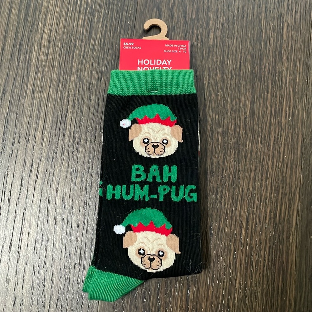 Holidays Novelty Crew Socks - Bah Hum-Pug, New